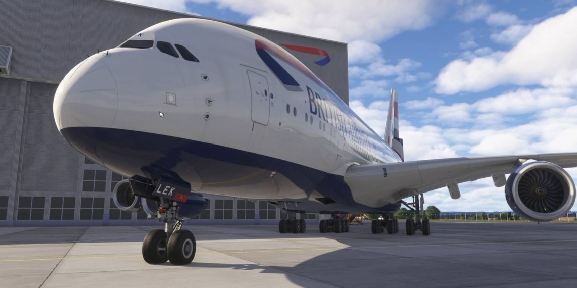 A flight simulation scene: Microsoft Flight Simulator 2024 Airbus A380