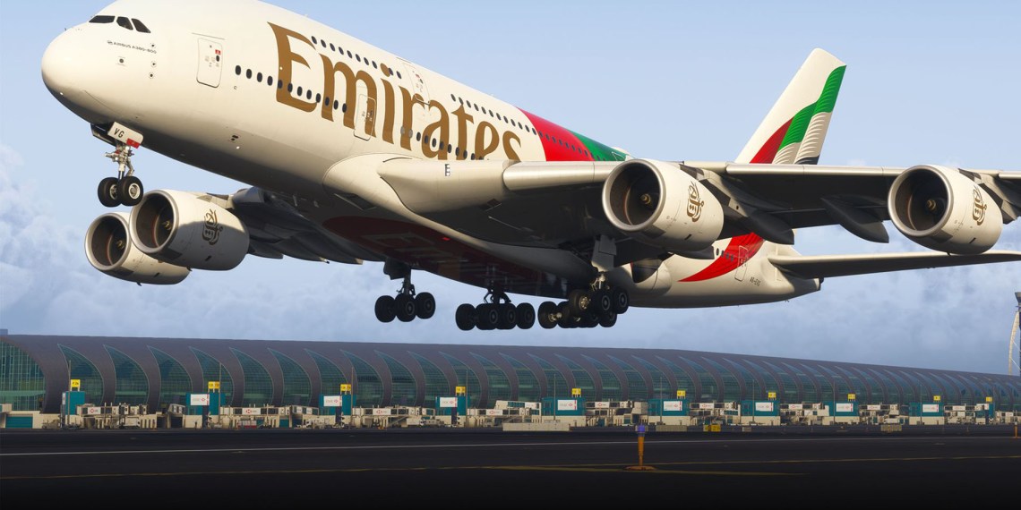 A flight simulation scene: Microsoft Flight Simulator 2024 Airbus A380 in Dubai