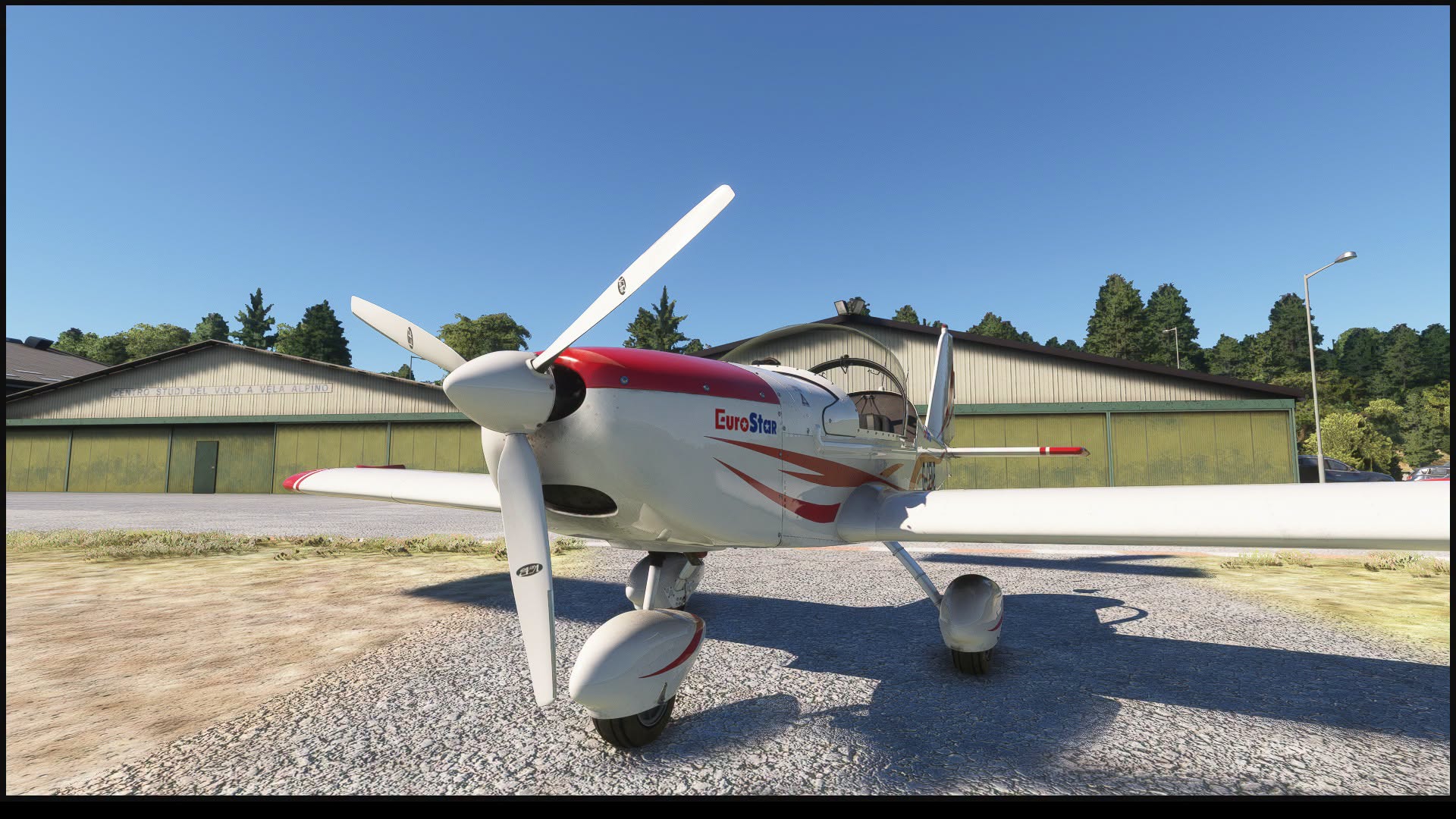 A flight simulation scene: Microsoft Flight Simulator EV-97 EuroStar