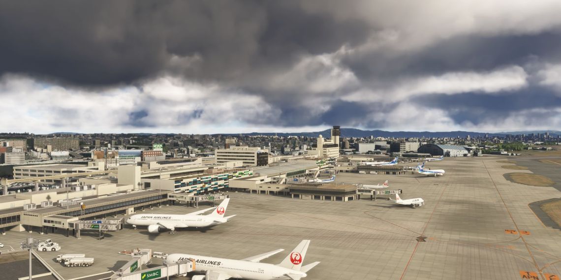 A flight simulation scene: Microsoft Flight Simulator 2024 Osaka