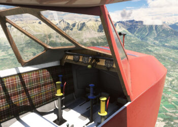 Castel C.25S flying over mountains in Microsoft Flight Simulator