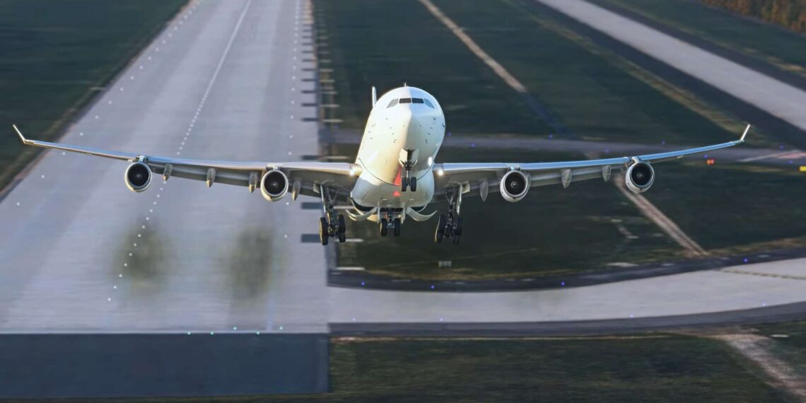 Airbus A340 taking off from Aerosoft Frankfurt