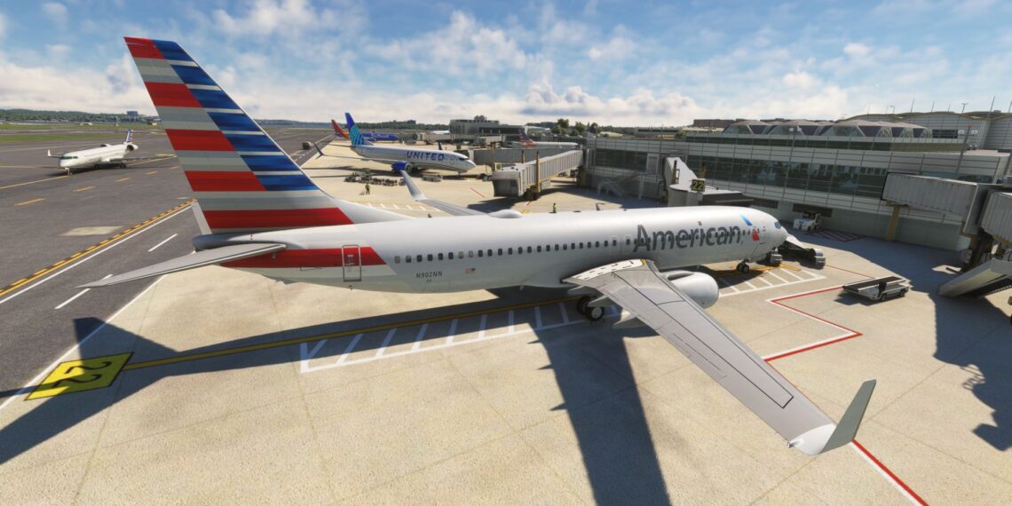 American Airlines Boeing 737 in Microsoft Flight Simulator at Washington DC Ronald Raegan Airpirt