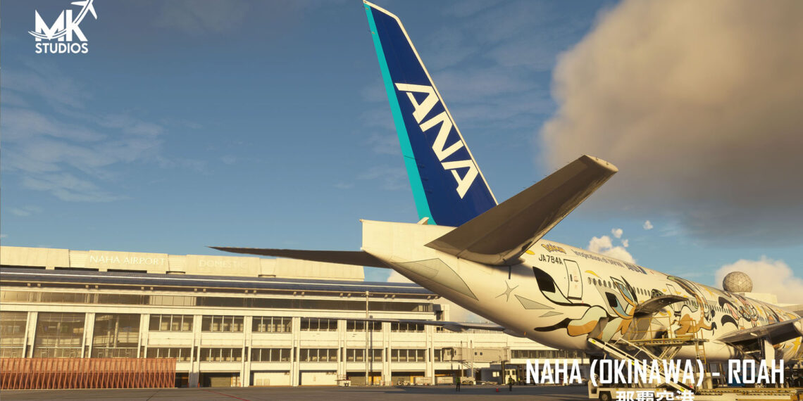 Naha Airport by MK Studios for Microsoft Flight Simulator with ANA's Pokemon Jet 787 in the foreground.