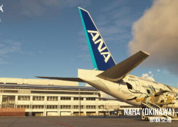 Naha Airport by MK Studios for Microsoft Flight Simulator with ANA's Pokemon Jet 787 in the foreground.