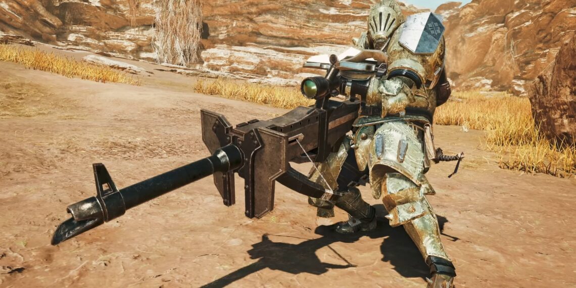 A hunter armed with heavy bowgun in Monster Hunter Wilds