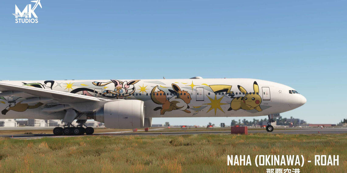 A Pokemon jet Boeing 777 in Naha Airport by MK Studios