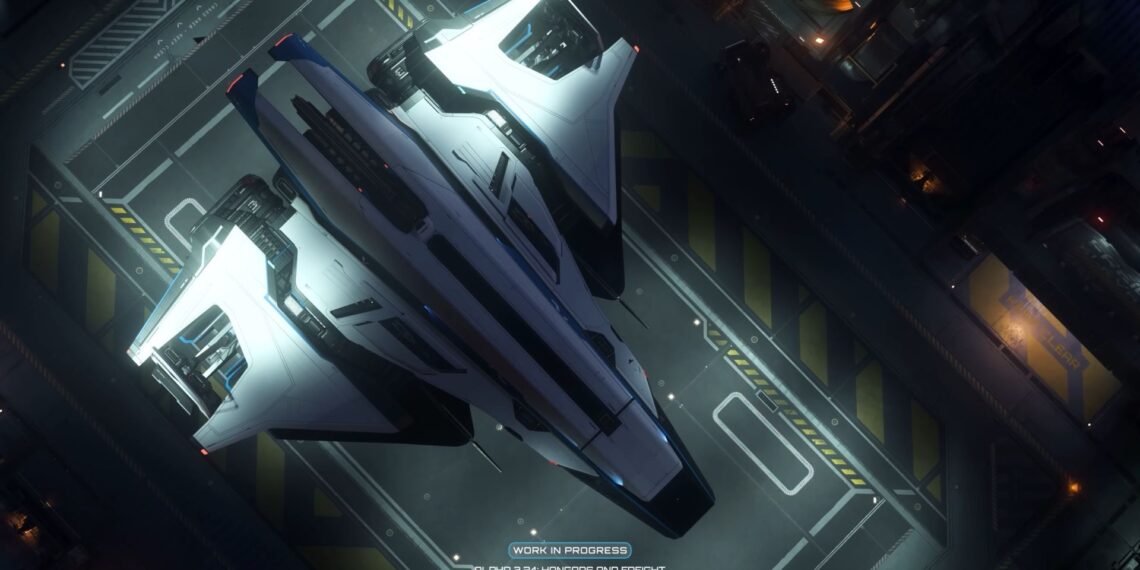 A ship taking off in a personal hangar in Star Citizen.