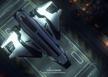A ship taking off in a personal hangar in Star Citizen.