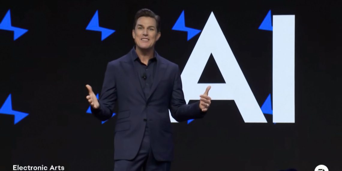 Andrew Wilson in front of a screen displaying "AI"